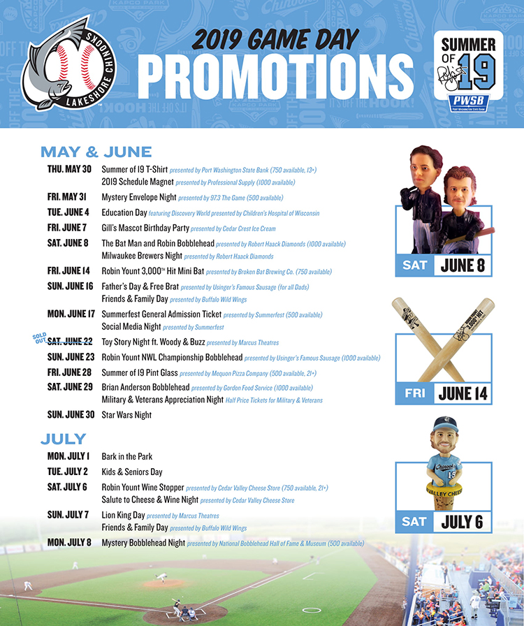 Here's the 2019 Lakeshore Chinooks promotions schedule