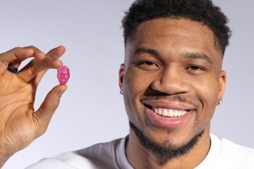 Giannis holding a Giannis gummy