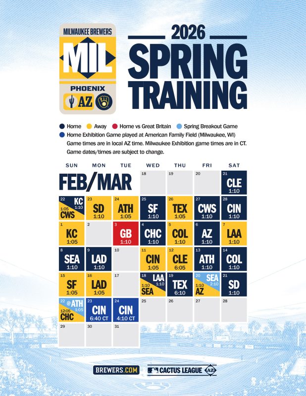 Brewers announce all 2026 Spring Training and regular season game times ...