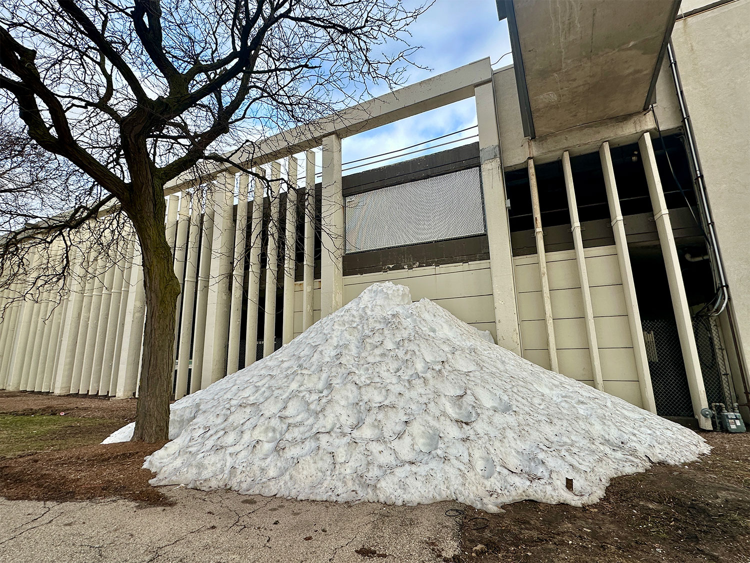 Marcus Center snow pile in Downtown Milwaukee