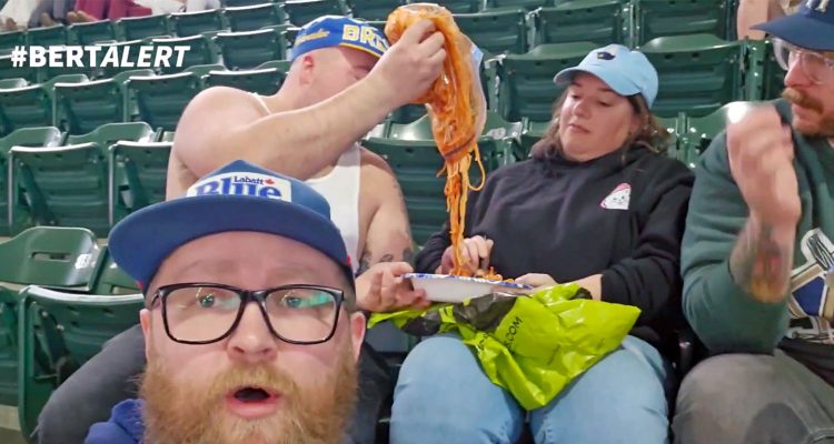 Milwaukee Brewers fans enjoying a full carry-in spaghetti dinner at American Family Field