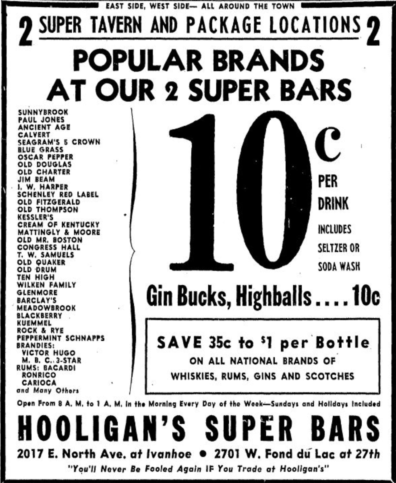An old newspaper ad for Hooligan's bar on Milwaukee's East Side