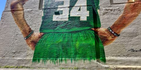 Repaired Giannis mural in downtown Milwaukee