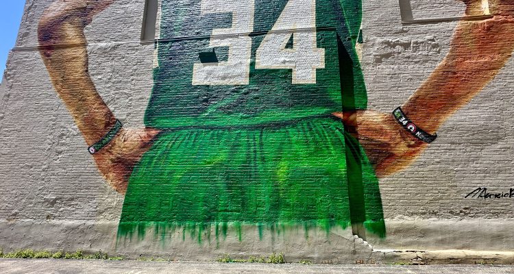 Repaired Giannis mural in downtown Milwaukee