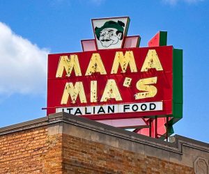 Neon sign outside Mama Mia's in West Allis, Wisconsin