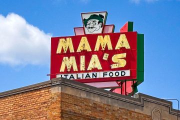 Neon sign outside Mama Mia's in West Allis, Wisconsin