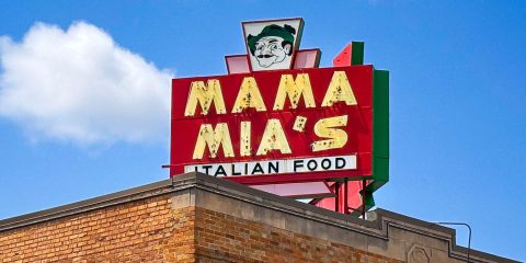 Neon sign outside Mama Mia's in West Allis, Wisconsin