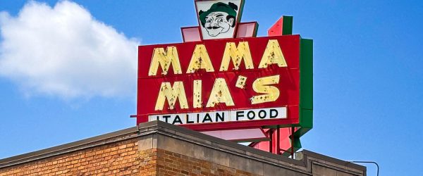 Neon sign outside Mama Mia's in West Allis, Wisconsin