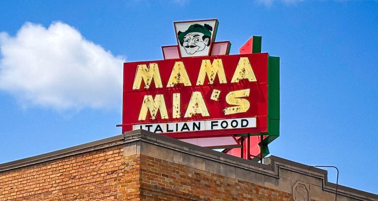 Neon sign outside Mama Mia's in West Allis, Wisconsin