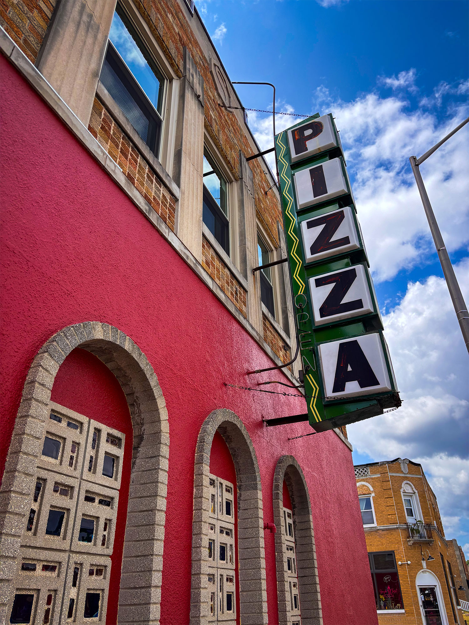 Pizza sign outside Mama Mia's in West Allis, Wisconsin